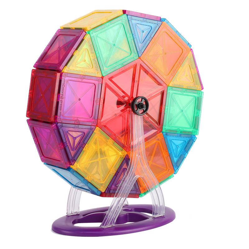 Stained Glass Magnetic Tiles Refill Pack: Educational Magnetic Stickers & Wooden Building Blocks Puzzle, Ferris Wheel, and Small Car.