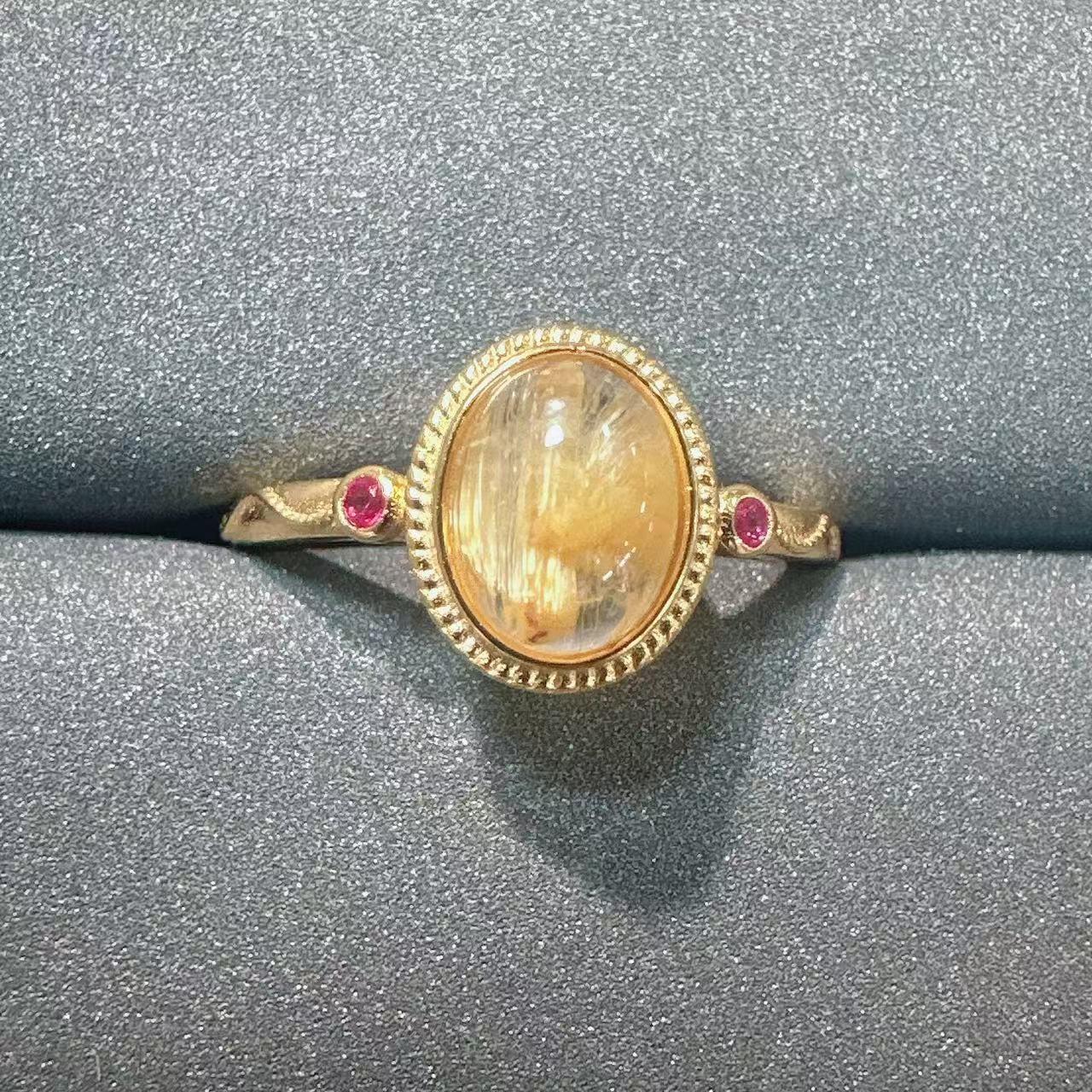 Серебряное кольцо 925 пробы с золотистым рутиловым кварцем, регулируемое - Простой стиль легкой роскоши Adjustable Open Ring