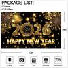 Happy New Year Backdrop, 72 x 44 Inch Large Happy New Year Banner 2026 Black Gold Background Banners for New Years Decorations 2026