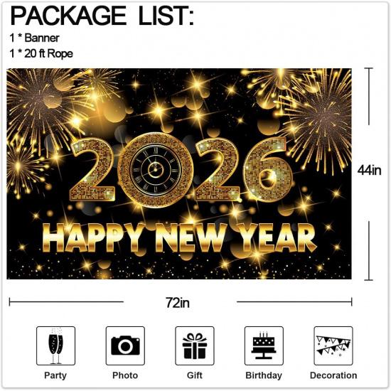 Happy New Year Backdrop, 72 x 44 Inch Large Happy New Year Banner 2026 Black Gold Background Banners for New Years Decorations 2026