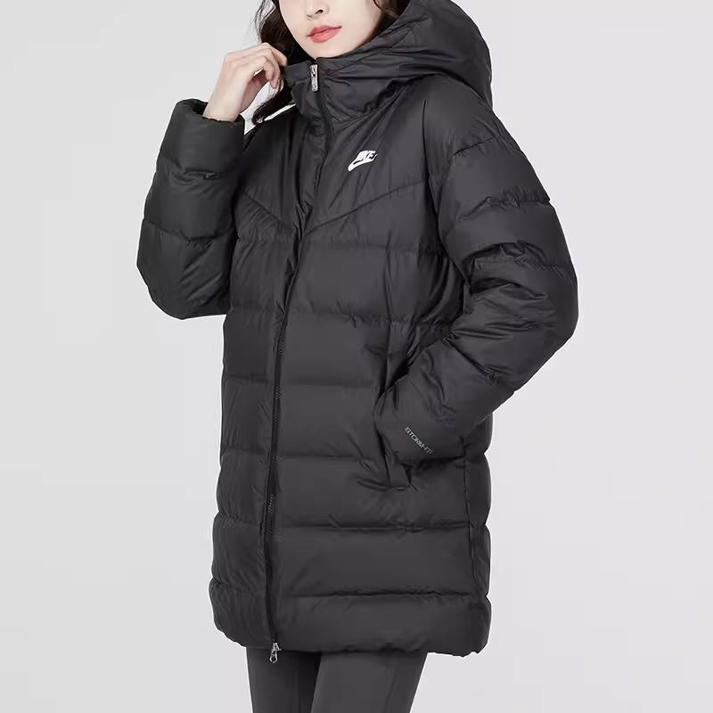 Nike Logo-Muster bedruckte Stehkragen-Kapuzen-Daunenjacke Damen Oberbekleidung Schwarz DQ6874-010