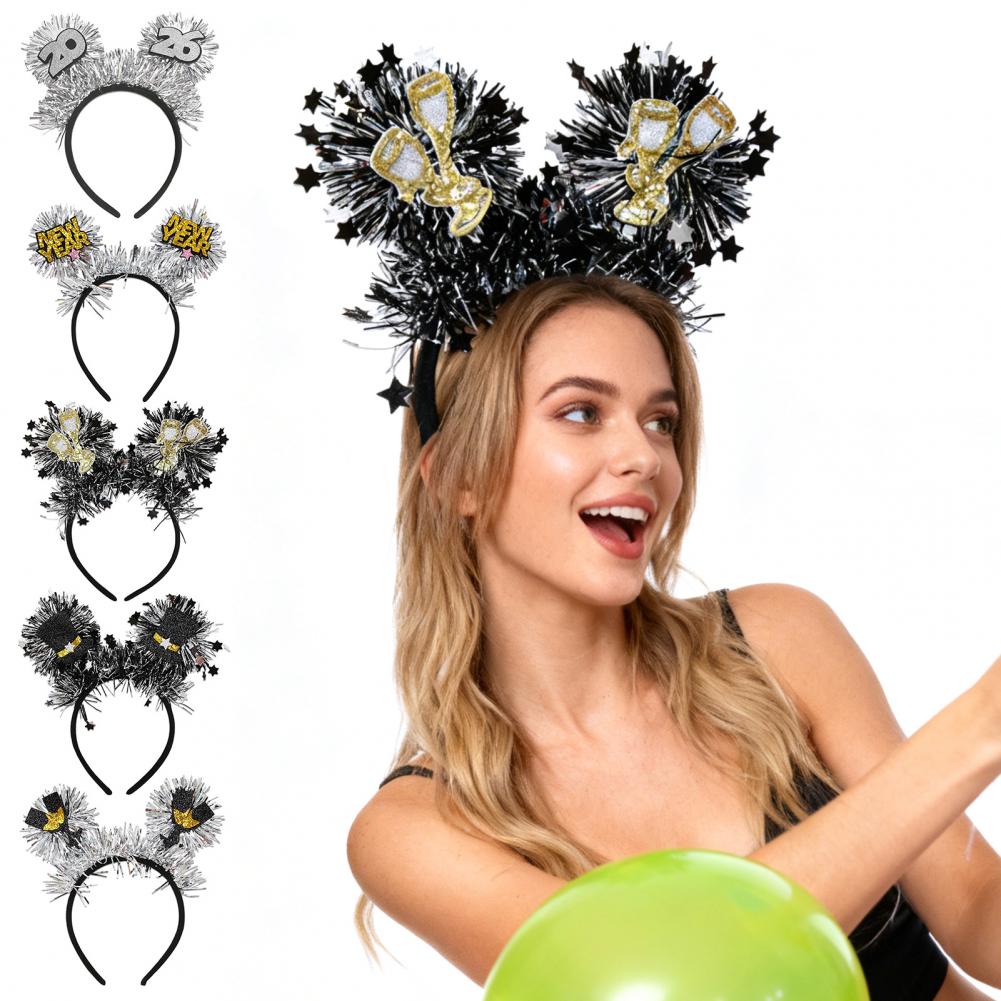 Number-shaped Logo Headband 2026 Logo Hairband 2026 New Year Headband with Glitter Letters Tinsel Hairband Wine for Countdown