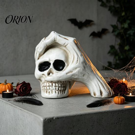 Durable Resin Craft Decor Halloween Skull Hand Sculpture, Gothic Skeleton Head Figurine, Spooky Vintage Yellowed Sculpture Decoration for Bedroom
