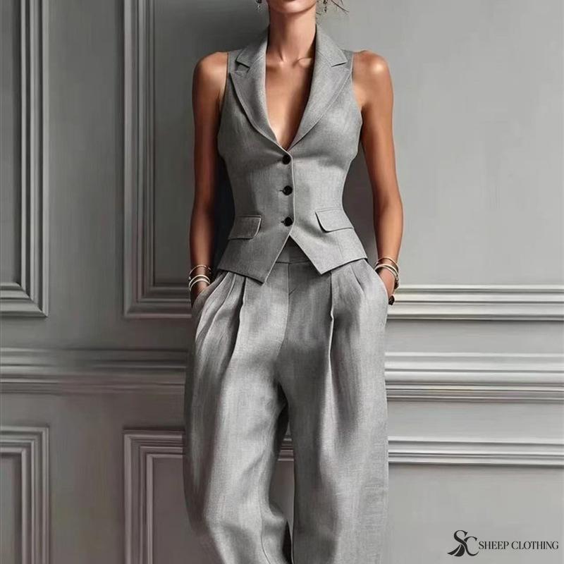 Women Two Piece Vest Pants Suit V Neck Sleeveless Button Waistcoat High Waist Pleated Wide Leg Trousers Business Office Outfit