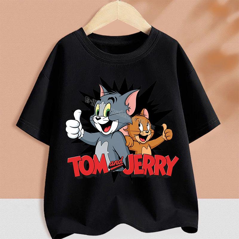 T-shirt for Children Cartoon Partern Tee Top Round Collar Clothing Black White