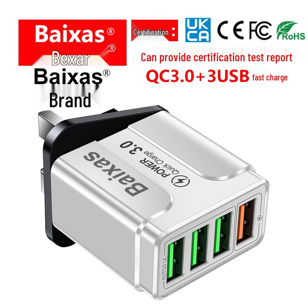 QC3.0 4-Port Fast USB Charger with EU/UK/AU Plug for Mobile Devices