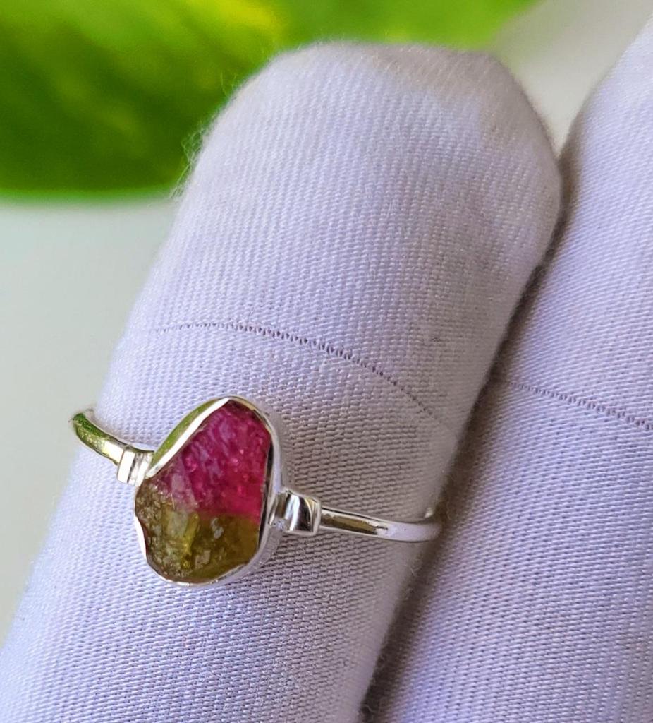 Roher Wassermelonen-Turmalin Edelstein 925 Sterlingsilber Ring Gr. 7.75 Geschenk für Sie