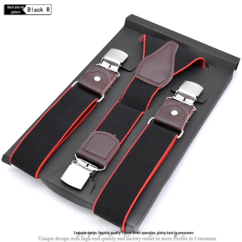 European-Style Plaid Suspenders with Leather Accents and Three-Clip Design