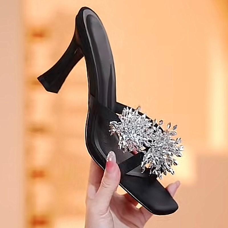 Fashion 2025 New Summer Women's High Heel Sandals Fashion Cross Rhinestone Square Head Open Toe Sandals Silk Sexy Stiletto Mules