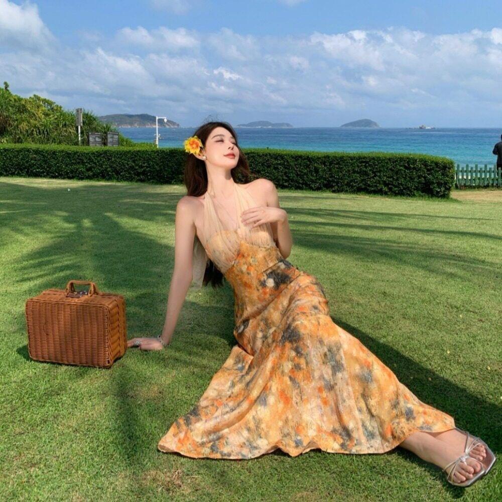 French Yellow Floral Halter-neck Dress for Women, Summer 2026 New Stunning Seaside Vacation Mesh Long Dress