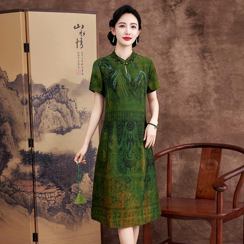 Flower Dill Fragrant Cloud Yarn Dress Age-reducing Improved Silk Cheongsam Skirt Nail Bead Mulberry Silk Skirt