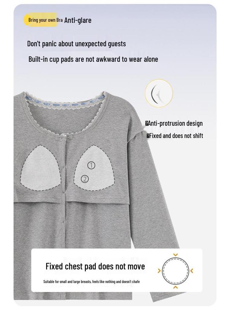 2025 Women's Pure Cotton Pajama Set - Long Sleeve & Pants, with Breast Pads, Loose Home Wear, Spring/Autumn Two-Piece.