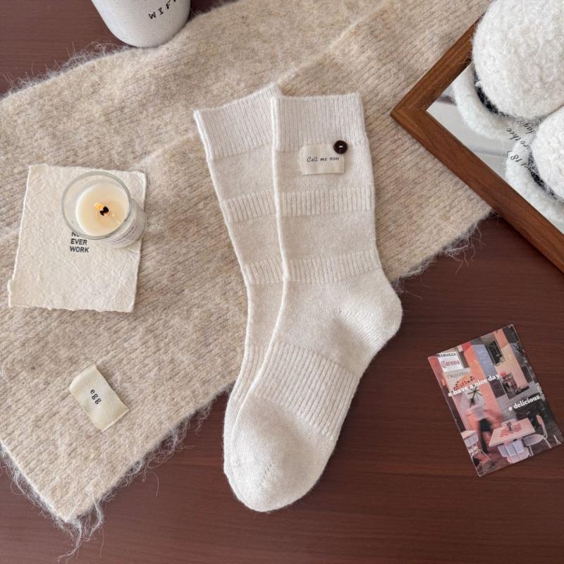 Wool Accessories Women's Socks - Winter High-end Thick and Warm Knitted Fabric with Logo Buttons, Pure Color, Simple Design, Mid-calf Length Socks