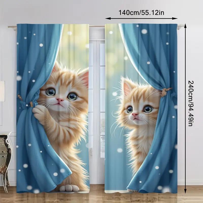 2 Pcs Cute Cat Print Curtains  Suitable for Bedroom  Living Room Kitchen Decoration  Home Decoration  Window Decoration