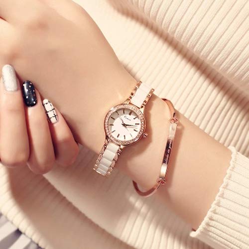 KIMIO K6121 Women's Simple Watch with White Ceramic and Rose Gold Band and Diamond Dial