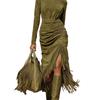 Rochie Midi de Damă din Piele de Cămilă cu Franjuri, Falduri Split, Croială Slim Fit, Talie Înaltă, Mânecă Lungă