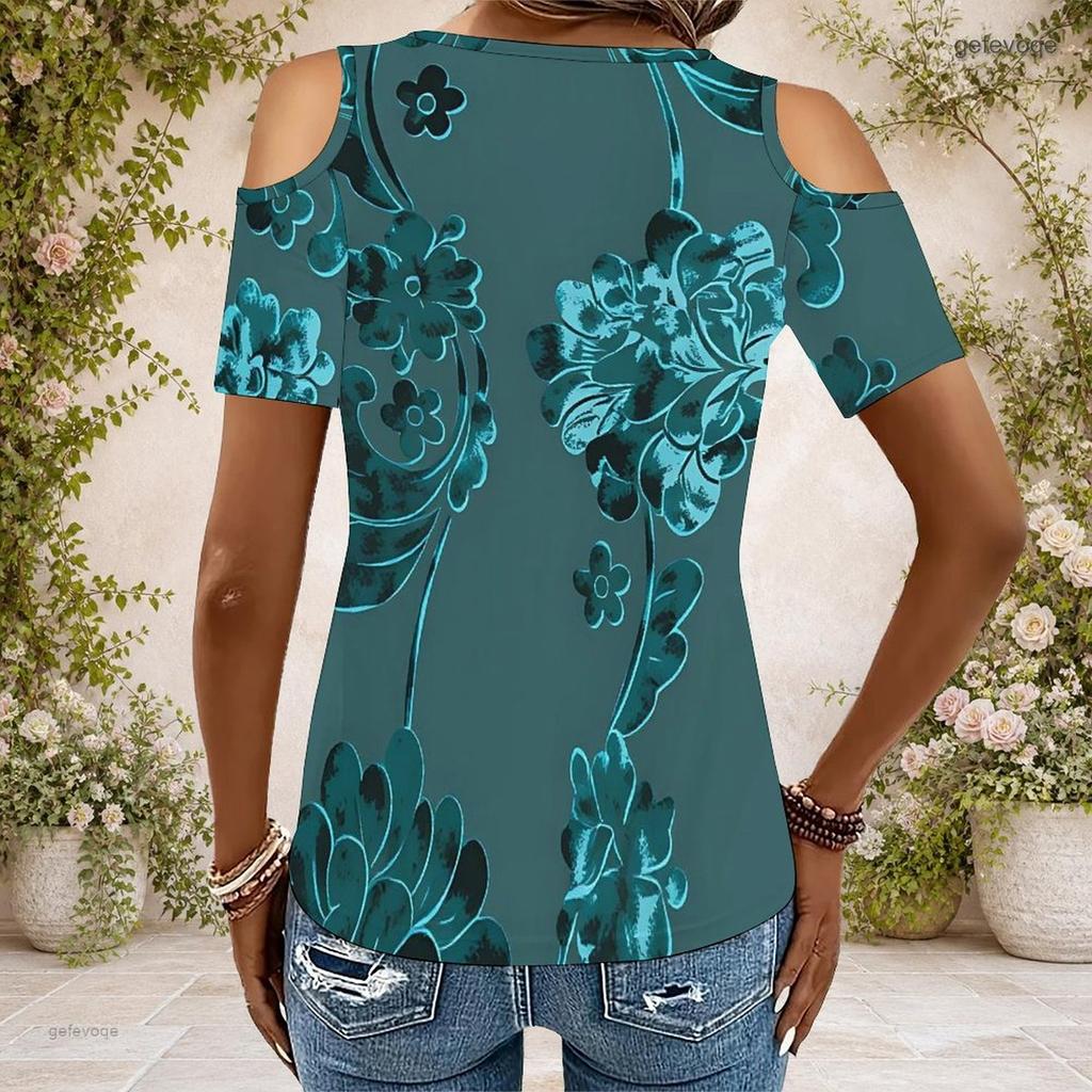 Women Plus Size Keyhole Ring Neck Cold Shoulder Geometric Printed Short Sleeve Top