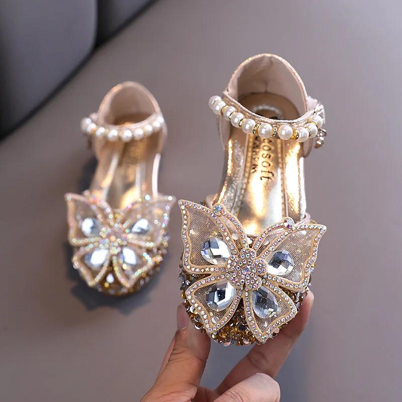 Summer Girls Rhinestone Bow Fashion Sandals Children Glitter Pearl Flat Princess Shoes Cute Kids Breathable Beach Sandals I06196 21 золотой
