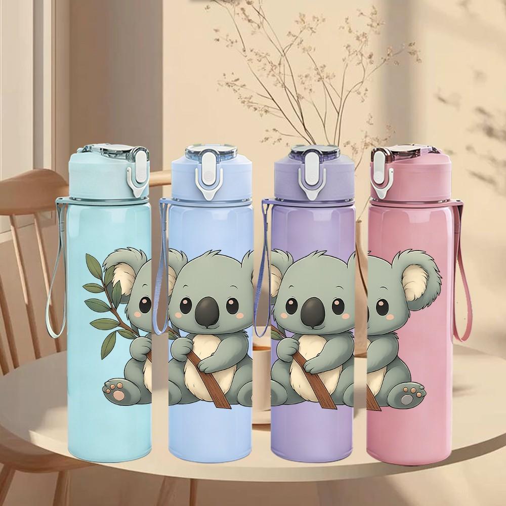 1PC Cute Floral Koala Bear 750ml Color Plastic Sports Water Bottle Leakproof Flip Straw Lid Suitable for Sports Office Home Use