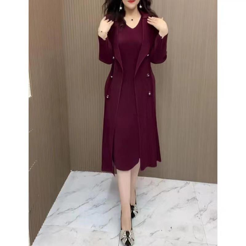 Damen Vielseitiges Übergröße A-Linien-Kleid mit Fake-Zweiteiler-Anzugkragen, Hoher Taille und Elastischem Taillen-Schlankheitsdesign für Frühling und Herbst