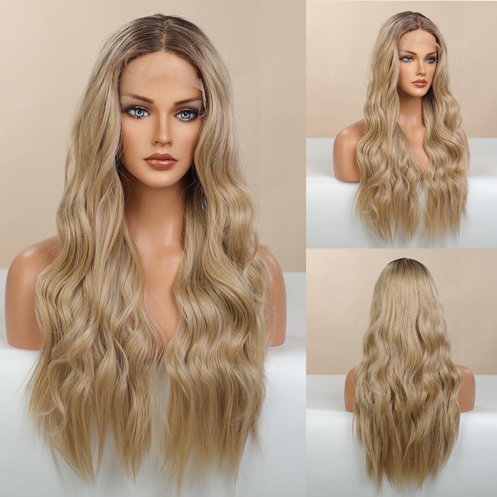 LOUIS FERRE Lange, gewellte Lace-Front-Perücken, blond-weiße Perücke für schwarze und weiße Frauen, Alltags- und Partyhaar, synthetisch, hitzebeständig