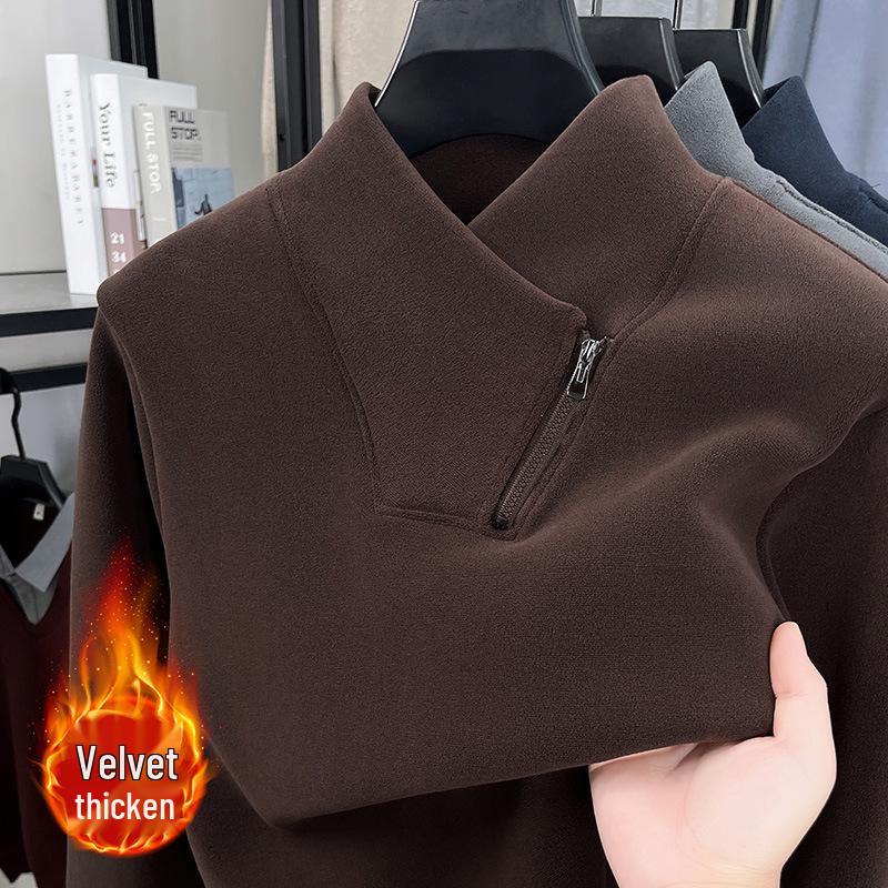 Men's Double-Sided Sherpa Fleece Hoodie, Half-Zip Stand Collar, Thickened and Warm Pullover Base Layer