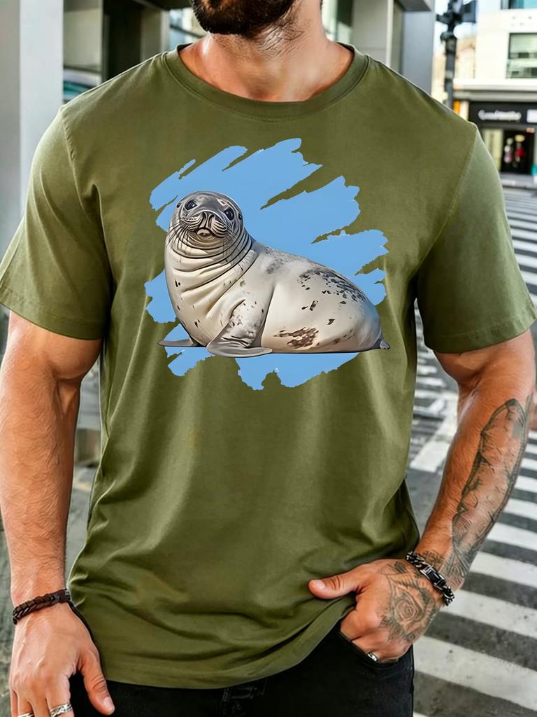 Ocean Seal Blue Brush Stroke Graphic Unisexs Crew Neck Short Sleeve Cotton T Shirt Marine Wildlife Print Male Daily Casual Tee
