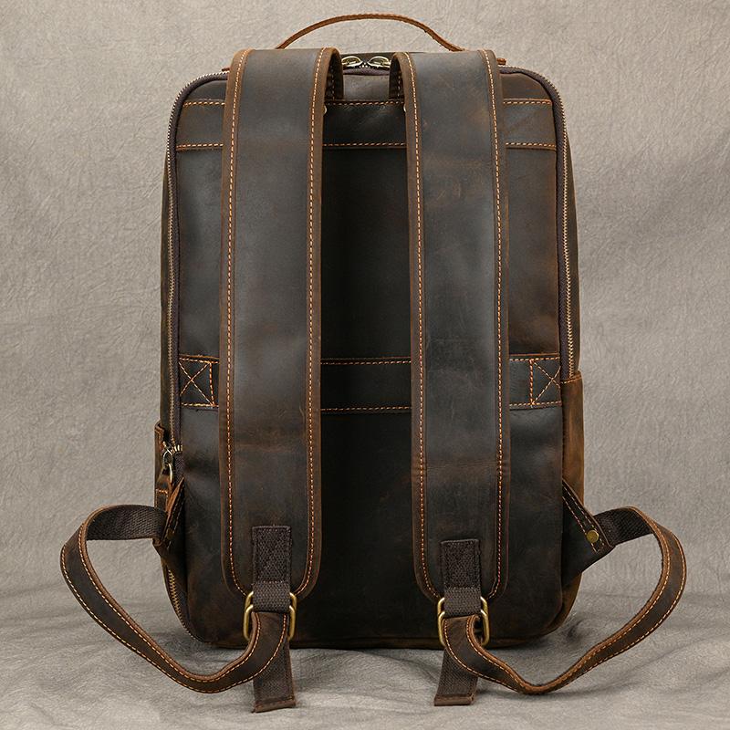 Vintage Travel Backpack leather double zipper bagpack male crazy horse leather backpack handmade leather travel bag men bag