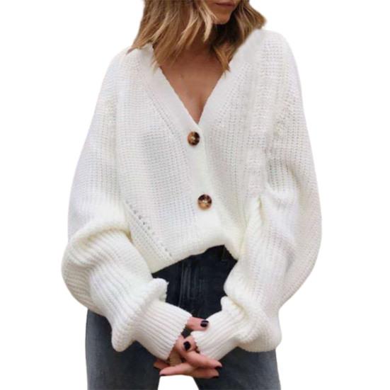 Cardigan Tricotado Cor Sólida Manga Longa Poliéster Abotoamento Simples Suéter Feminino para Outono