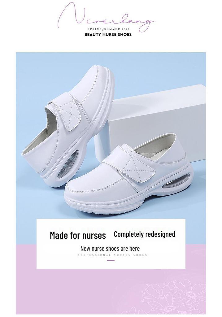Women's Breathable Genuine Leather Nurse Shoes - Soft Sole, Wedge Heel, Non-slip, Air Cushion, Comfortable White Work Shoes