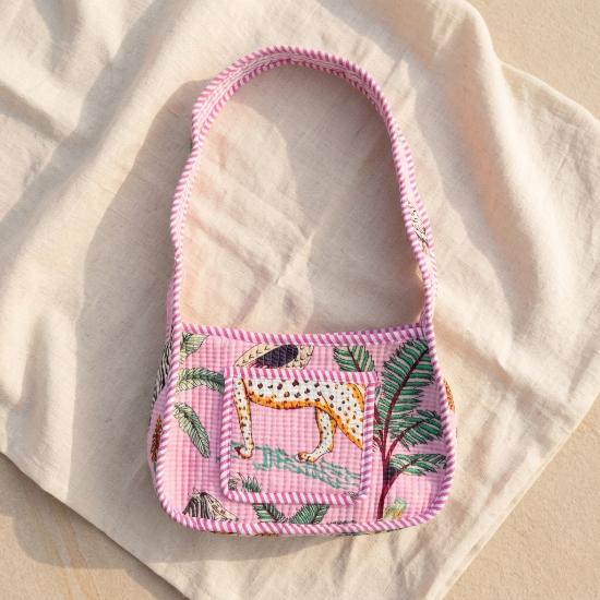 Shoulder Bag Usalover925 Pink Quilted Cotton Floral Print Shoulder Bag 02