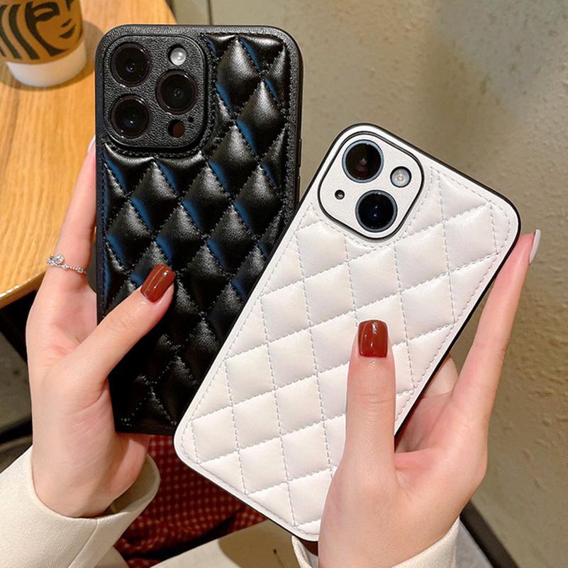 Three-dimensional puff check small fragrance style leather phone Case For iPhone 16 Pro Max 16 + 15 Pro 14 pro max Hard Cover