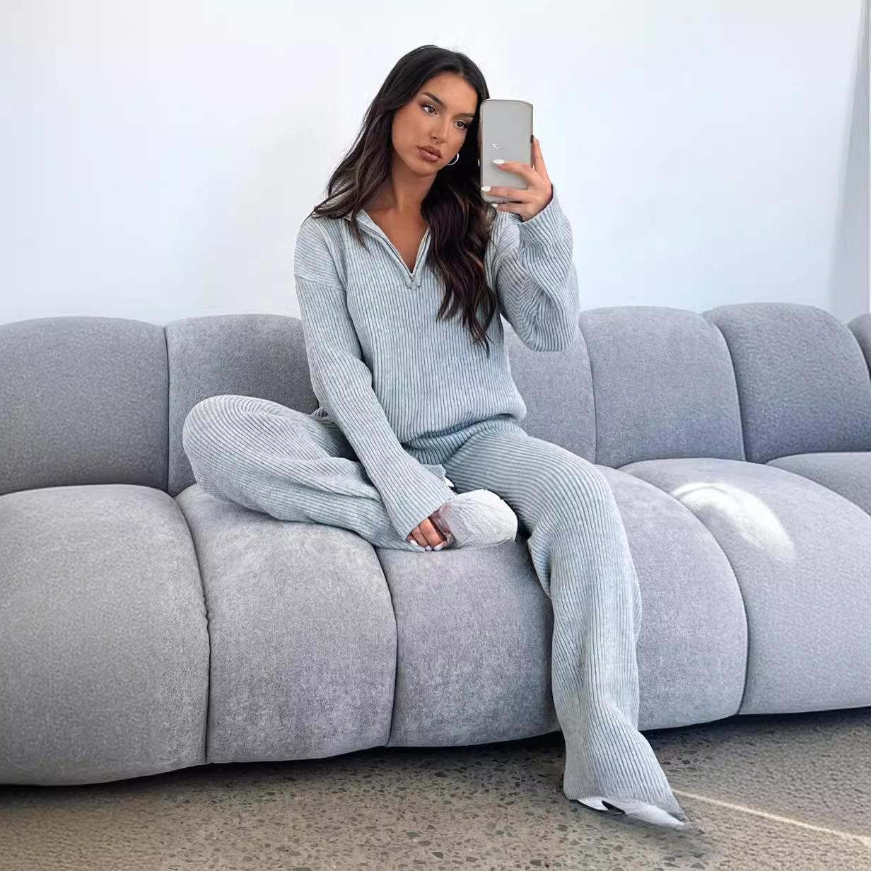 

Women s Light Gray Knit Lounge Set Long Sleeve Top and Wide Leg Pants Comfortable Casual Outfit S сірий колір