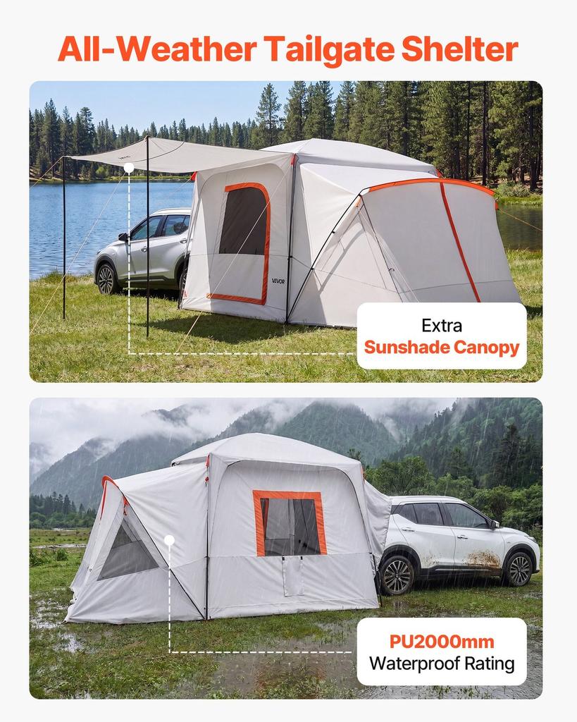 SUV Camping Tent for 5-9 Person, 3.96 x 3.05m 3-Season SUV Tailgate Tent with Ventilated Windows, PU2000mm Waterproof Dual-Use Car Rear Hatch Tents