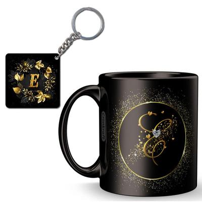 Golden Frame with E Alphabet Letter Printed Ceramic Mug + Keychain,Gift for Love,Birthday,Wife, Husband,  (E Alphabet)