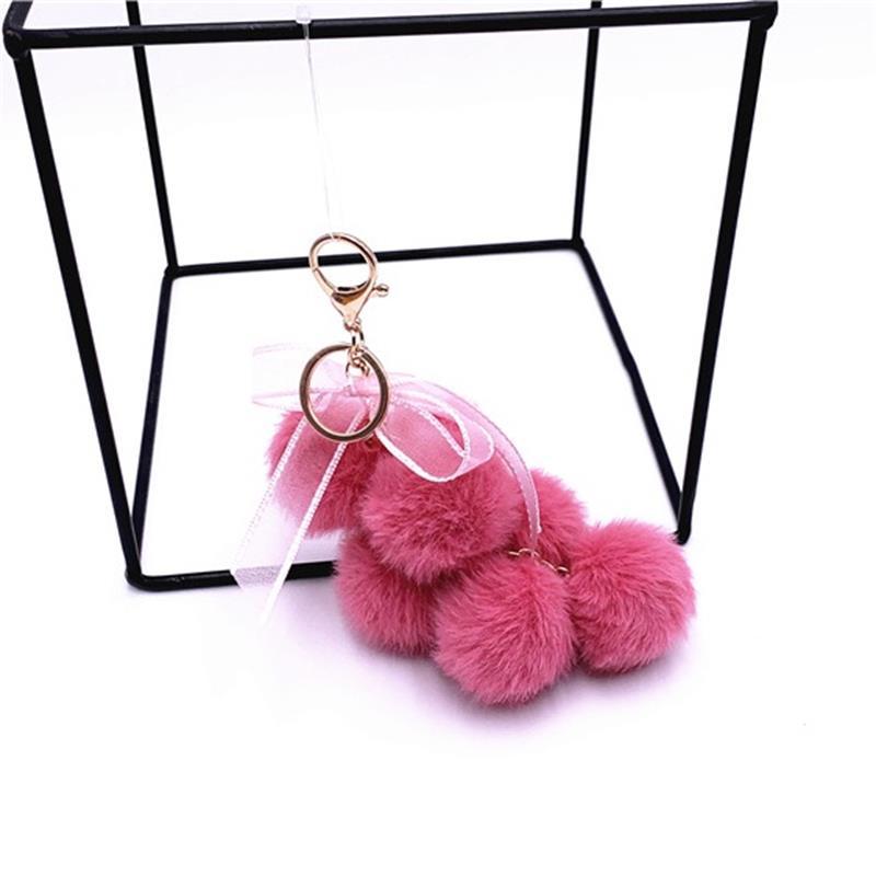 Cute Creative Grape Fruit Lace Bow Fur Ball Plush Doll Toy Keychain Pendant Bag Hanging Backpack Charm Car Keyring New Year Gift