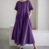 Summer Cotton Linen Dress for Women Short Sleeve Crew Neck A-linen Swing Dress Casual Loose Flowy Beach Sundress with Pockets
