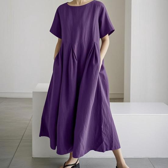 Summer Cotton Linen Dress for Women Short Sleeve Crew Neck A-linen Swing Dress Casual Loose Flowy Beach Sundress with Pockets