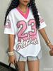 Nr. 23 Tricou American cu Imprimeu Digital Bumbac Decolteu în V Modă Streetwear Mânecă Scurtă Vară Femei Topuri Casual de Vacanță