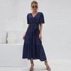 Women Summer Fall Casual Long Dress Solid V-neck Short Butterfly Sleeve Bandage Belt Sizes S-XXL