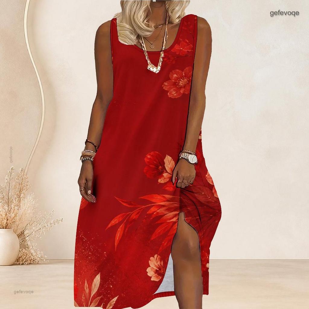Women Plus Size Scoop Neck Sleeveless Floral Butterfly Printed White A Line Long Dress