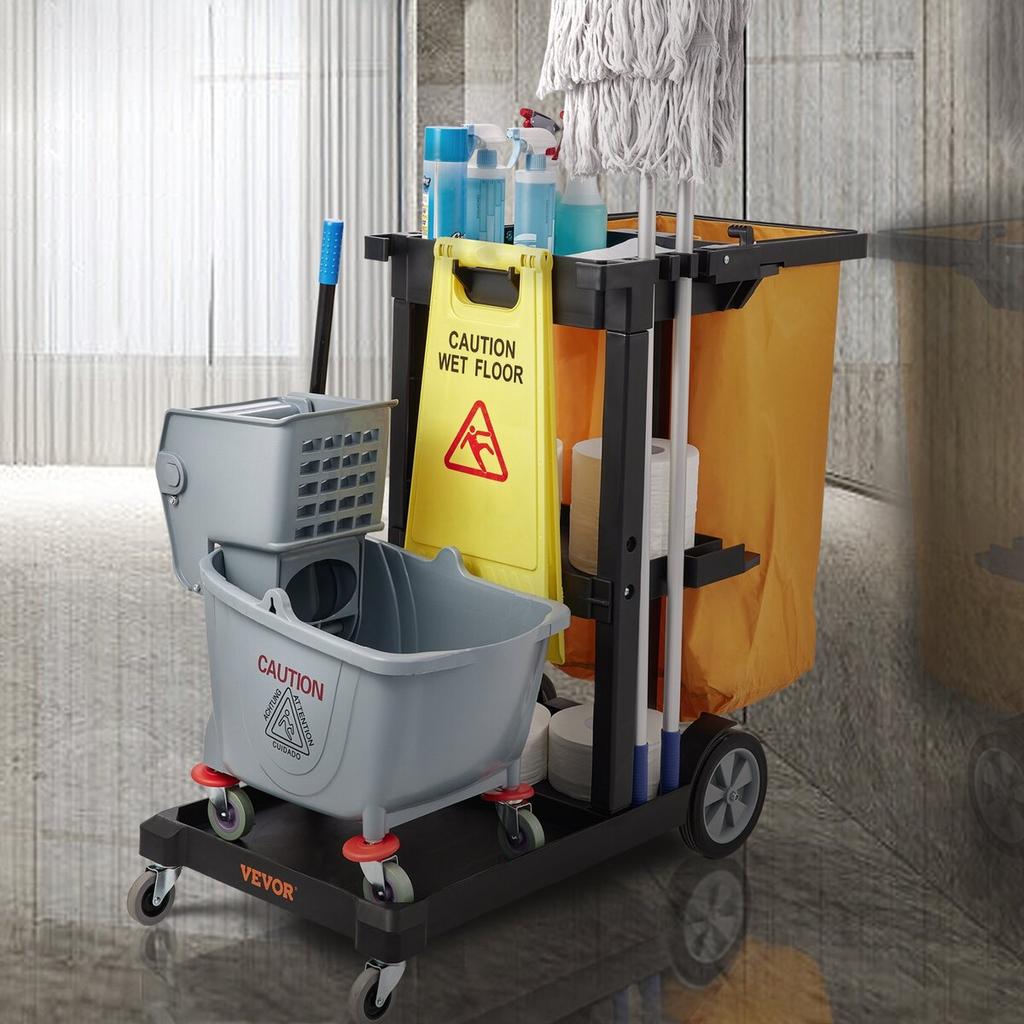 Cleaning Cart, 3-Shelf Commercial Janitorial Cart, 200 lbs Capacity Plastic Housekeeping Cart, with 25 Gallon PVC Bag, 47" x 20" x 38.6", Yellow+Black