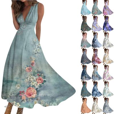 Women's Summer Fashion  Print V-Neck Sleeveless Waist Tie Dress
