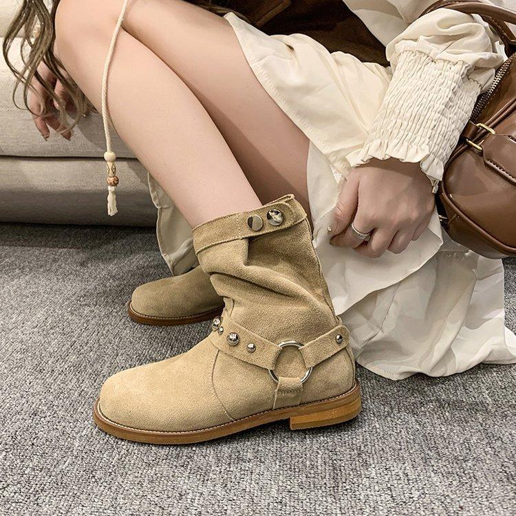 

European and American style western cowboy boots women s medium tube 2025 autumn new thin brown versatile retro thick heel women s boots 42 абрикосовый