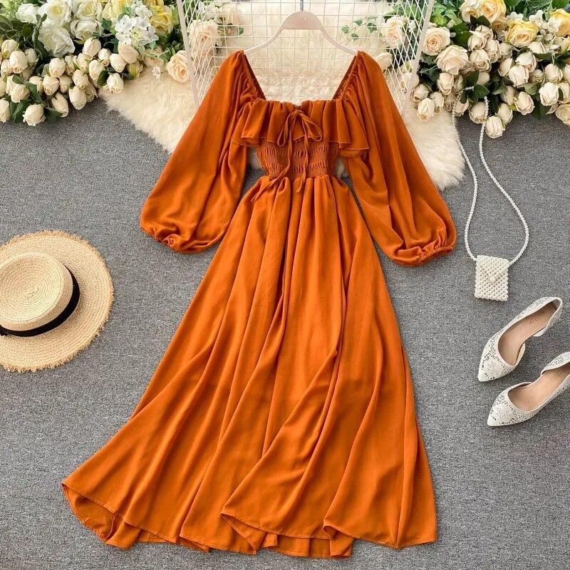 Koreanische Chic Quadrat Kragen Langarm Kleid Frauen Casual Solide Chiffon Kleider Puff Hülse Vintage Rüschen Kleid 30502