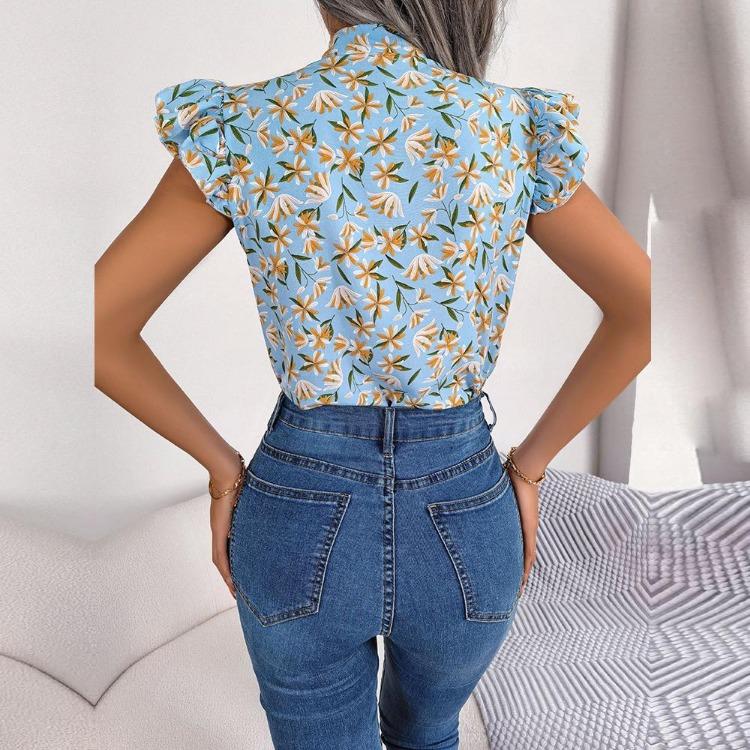 Damen Sommer Chiffon Bluse Floral Schnürung Schleife Holzohr Hemd