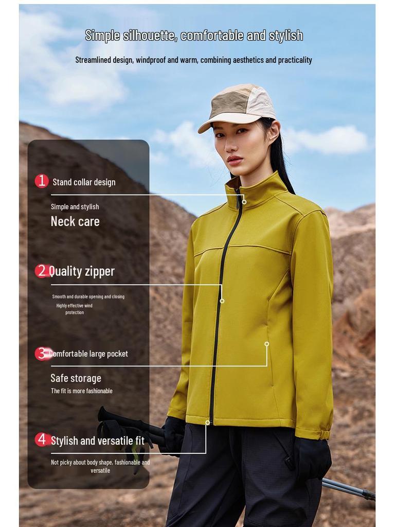 Fleece-Lined Softshell Stand-Up Collar Windbreaker with Logo Embroidery for Autumn/Winter Workwear