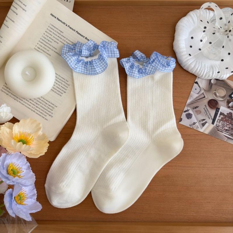 Chaussettes Hautes en Coton Pur Style Nouveau Printemps Été pour Femmes avec Dentelle et Nœud Ballet