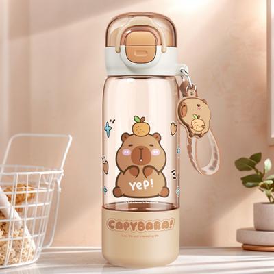 Cartoon Capybara Leakproof Drinks Bottle with Straw & Portable Strap Plastic Kapibara Cup Portable Drinking Bottles for Students