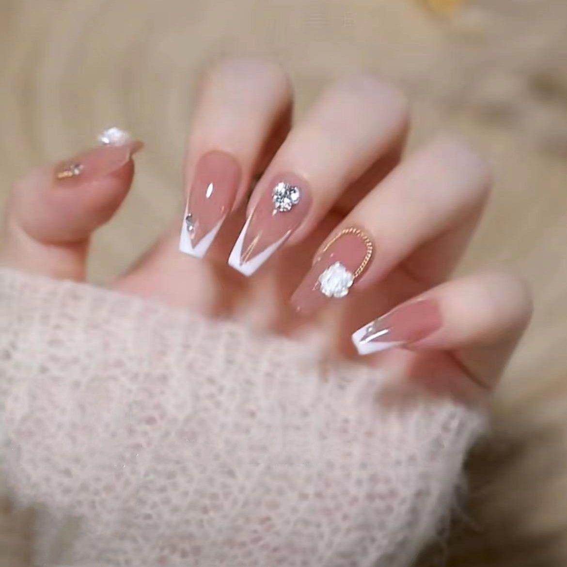 

Handmade Camellia Rhinestone French Gel Press-On Nails Short Ladder XS